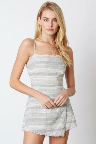 Black and white striped tie-back romper front view