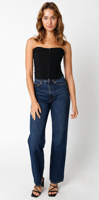Amalfi Black Eyelet Bustier Crop Top styled with jeans and sandals