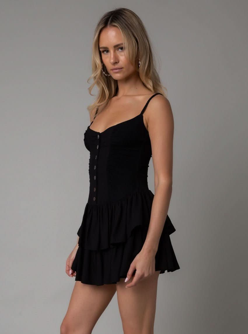 Liliana Black Ruffle Mini Dress by Olivaceous - Size L - Cute Ruched Tiered Hem
