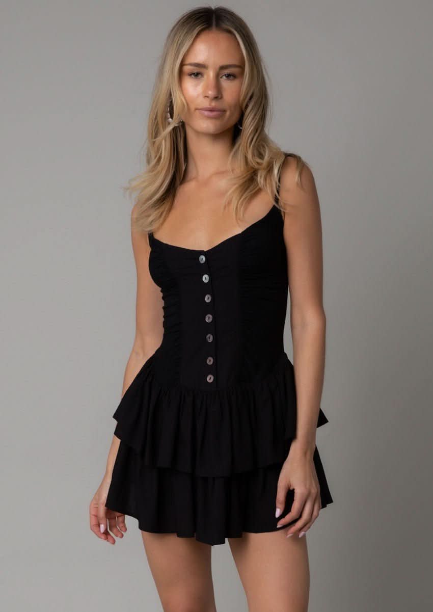 Liliana Black Ruffle Mini Dress by Olivaceous - Size L - Cute Ruched Tiered Hem - 100% Tencel Liliana Black Ruffle Mini Dress by Olivaceous - Size L - Cute Ruched Tiered Hem - 100% Tencel