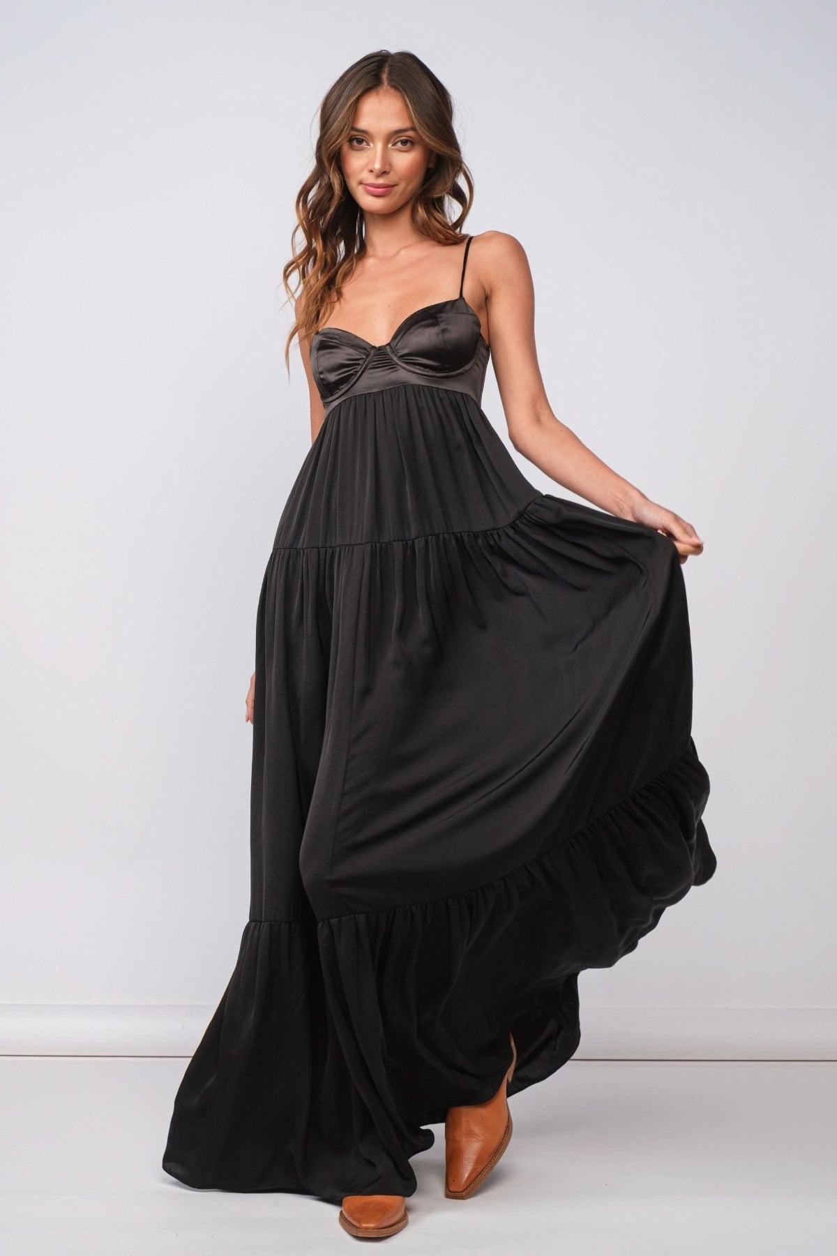 Sky to Moon Blaire Black Satin Maxi Dress | Babydoll Tiered Fit-and-Flare A-Line Corset Top Floor Length Sleeveless | Size S Sky to Moon Blaire Black Satin Maxi Dress | Babydoll Tiered Fit-and-Flare A-Line Corset Top Floor Length Sleeveless | Size S