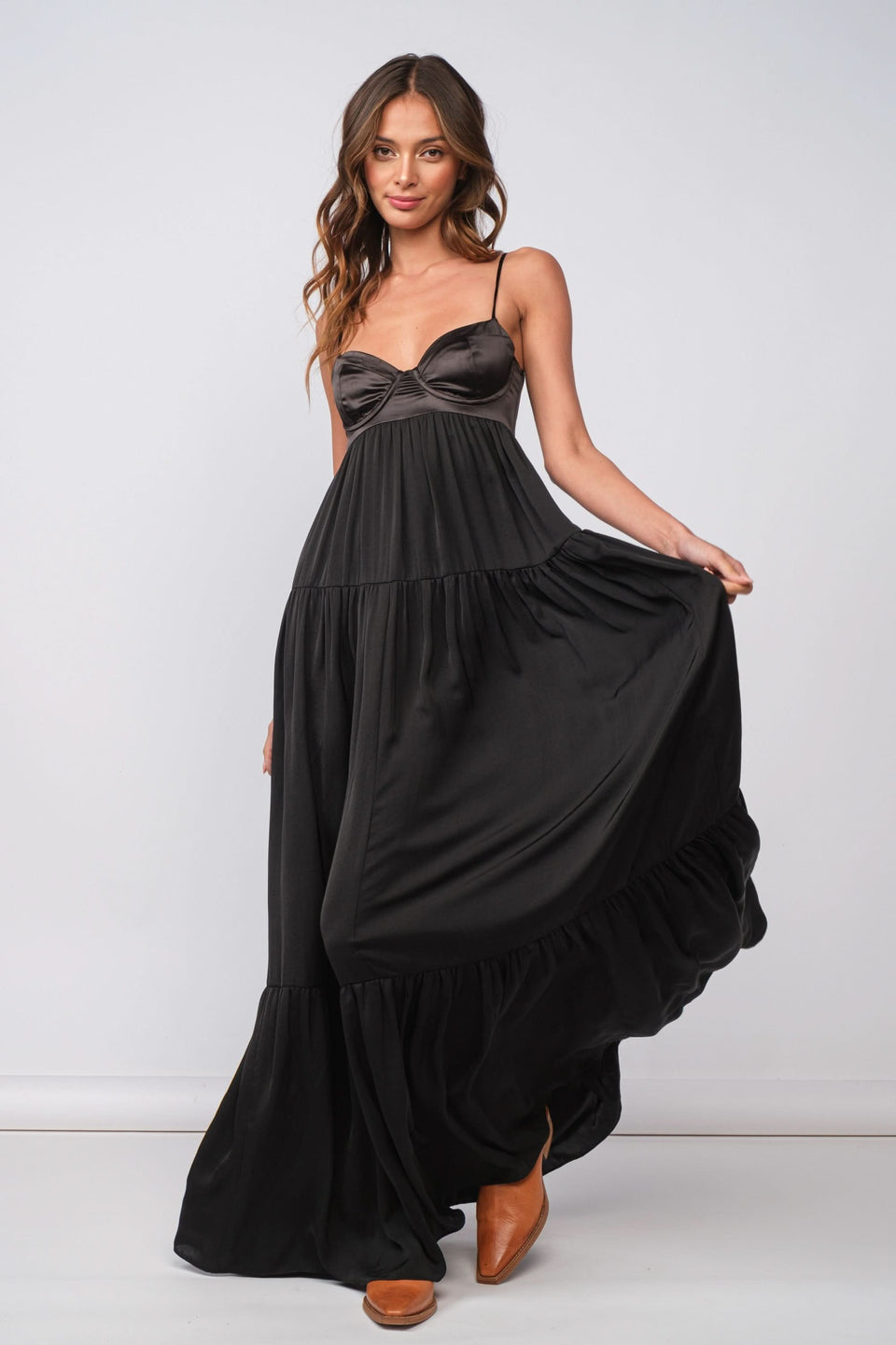 Blaire Black Satin Tiered Maxi Dress a babydoll maxi