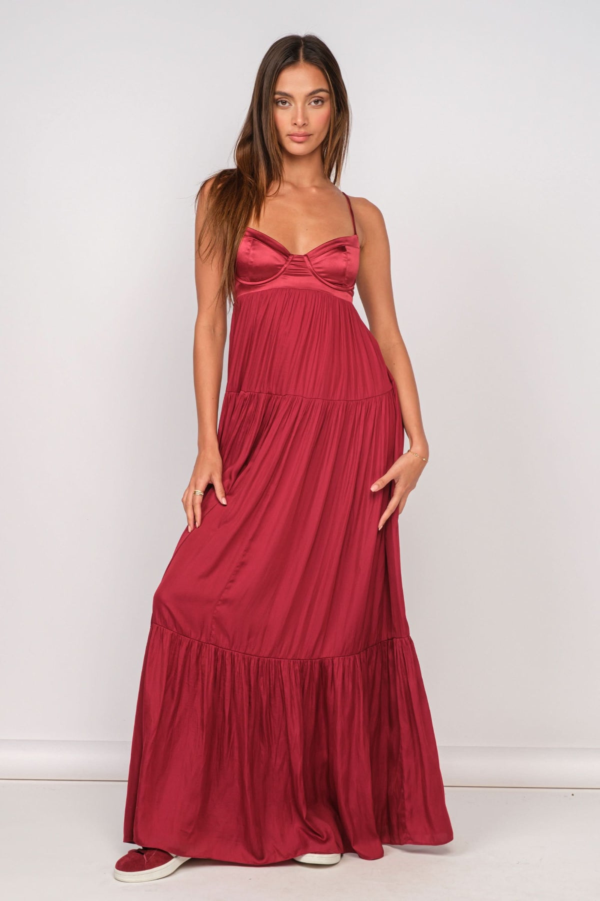 Boho Pink: Burgundy Satin Tiered Maxi Dress for Women