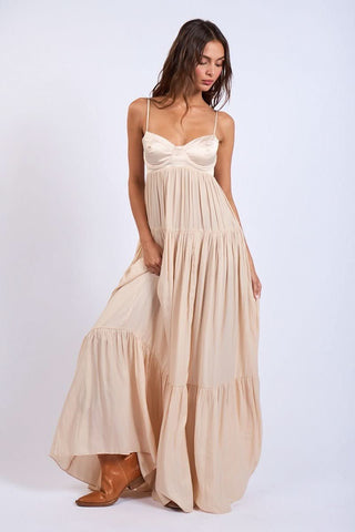 Blaire Nude Satin Tiered Maxi Dress  a maxi babydoll dress