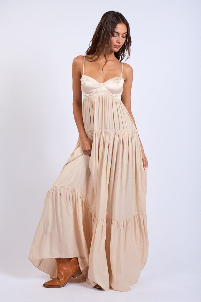 Nude Satin Corset Maxi Dress