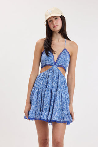 Garden Muse Blue and White Floral Halter Dress Front View | Boho Pink