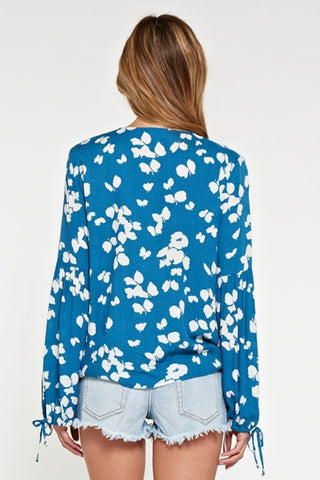 Blue and White Long Sleeve Wrap Top Back View