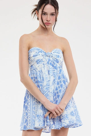 Blue and white floral strapless babydoll dress with twist bust