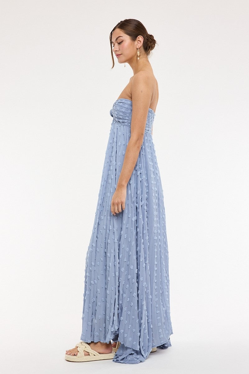 Ruched bust detail on blue strapless maxi dress side view