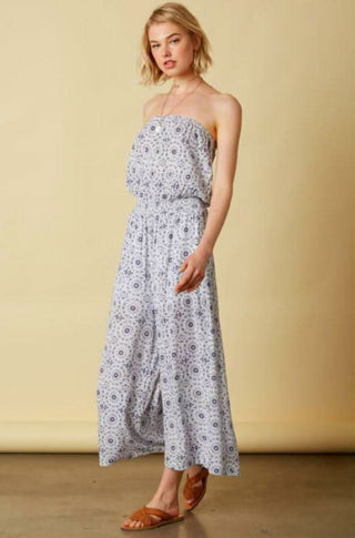 blue medallion print strapless culotte jumpsuit angle view