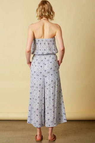 blue medallion print strapless culotte jumpsuit back view