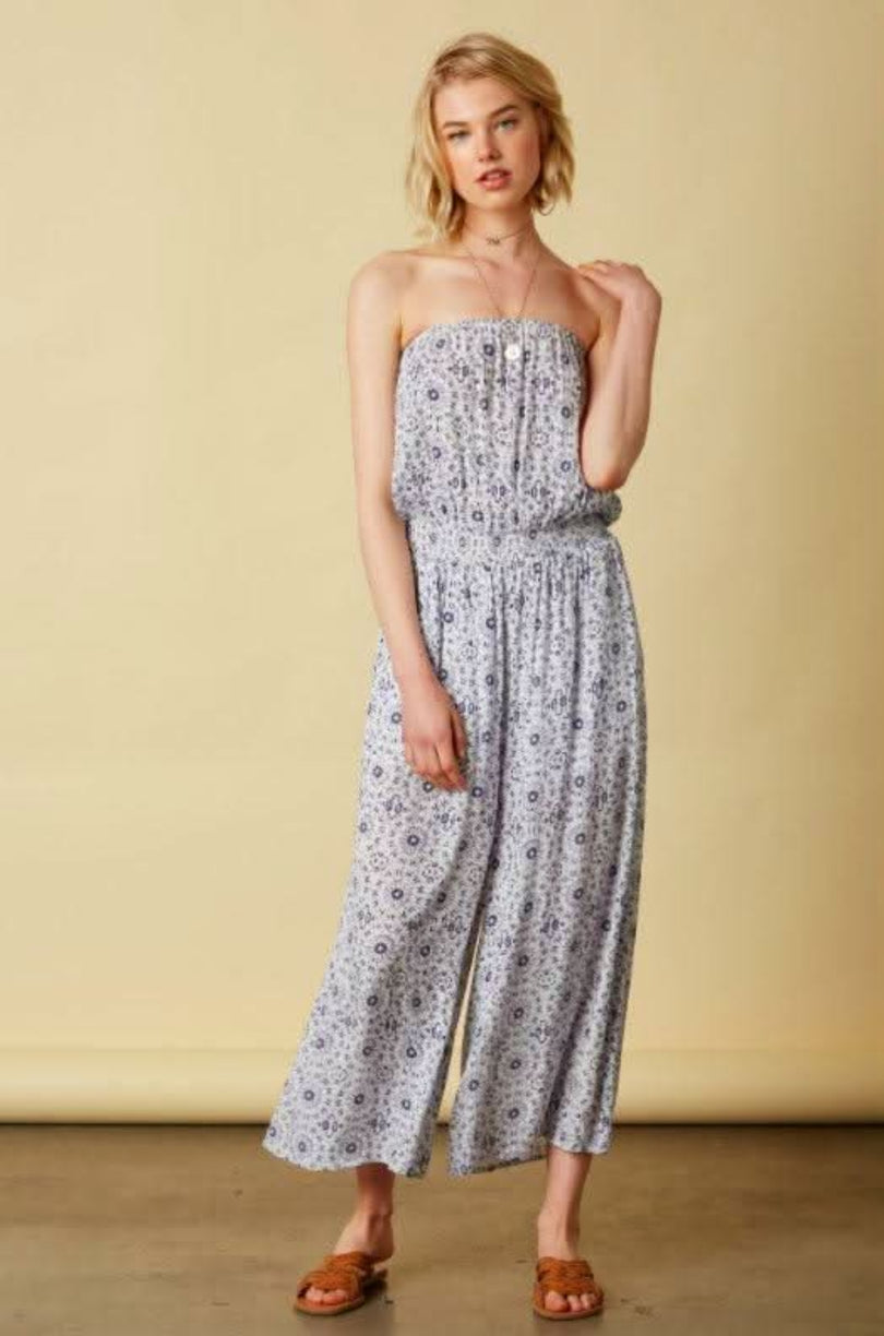 blue medallion print strapless culotte jumpsuit front view