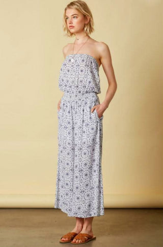 blue medallion print strapless culotte jumpsuit side view