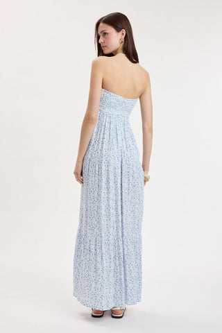 ditsy blue floral strapless maxi dress back view