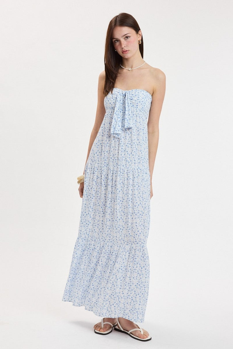 ditsy blue floral strapless maxi dress front view