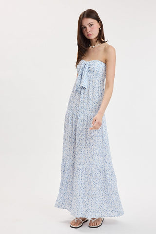 ditsy blue floral strapless maxi dress outfit view