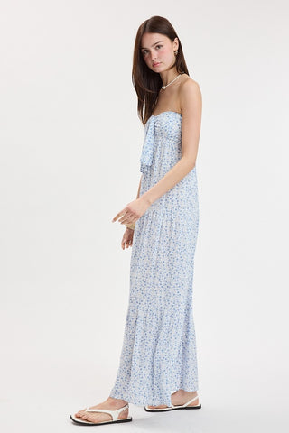 ditsy blue floral strapless maxi dress side view