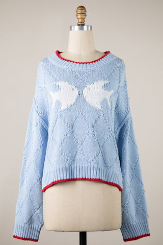 Fisherman Blue Oversized Knit Sweater for Women - Kissing Fish Design