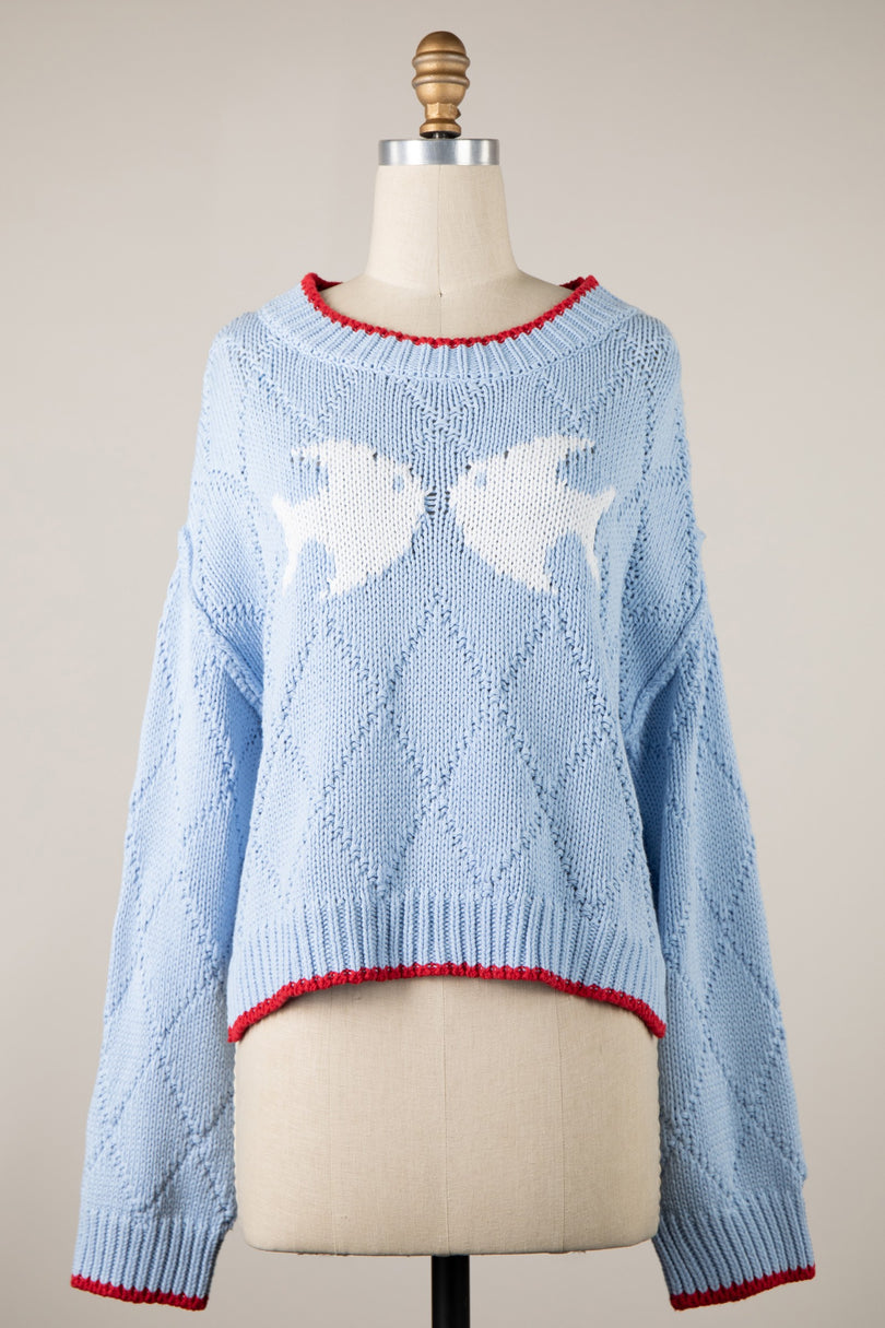 Fisherman Blue Oversized Knit Sweater - with kissing fish