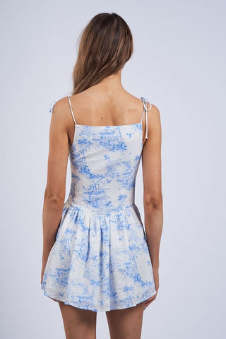 Model wearing a blue and white flower mini dress back view.