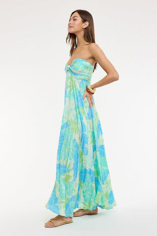 Blue green tropical print casual maxi dress styled for summer