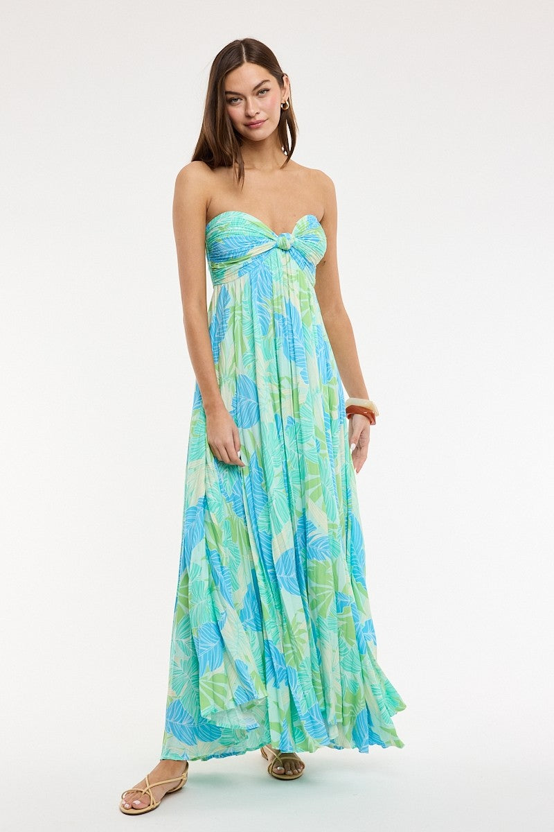 Blue green tropical print strapless casual maxi dress - front view