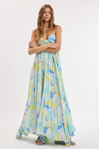 Willow flowy pleated blue tropical maxi dress on model