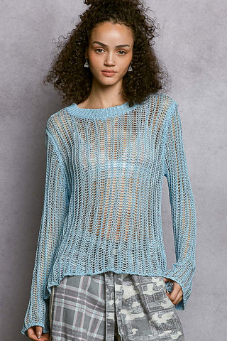 Front view of the blue open-knit crochet top with long wide sleeves