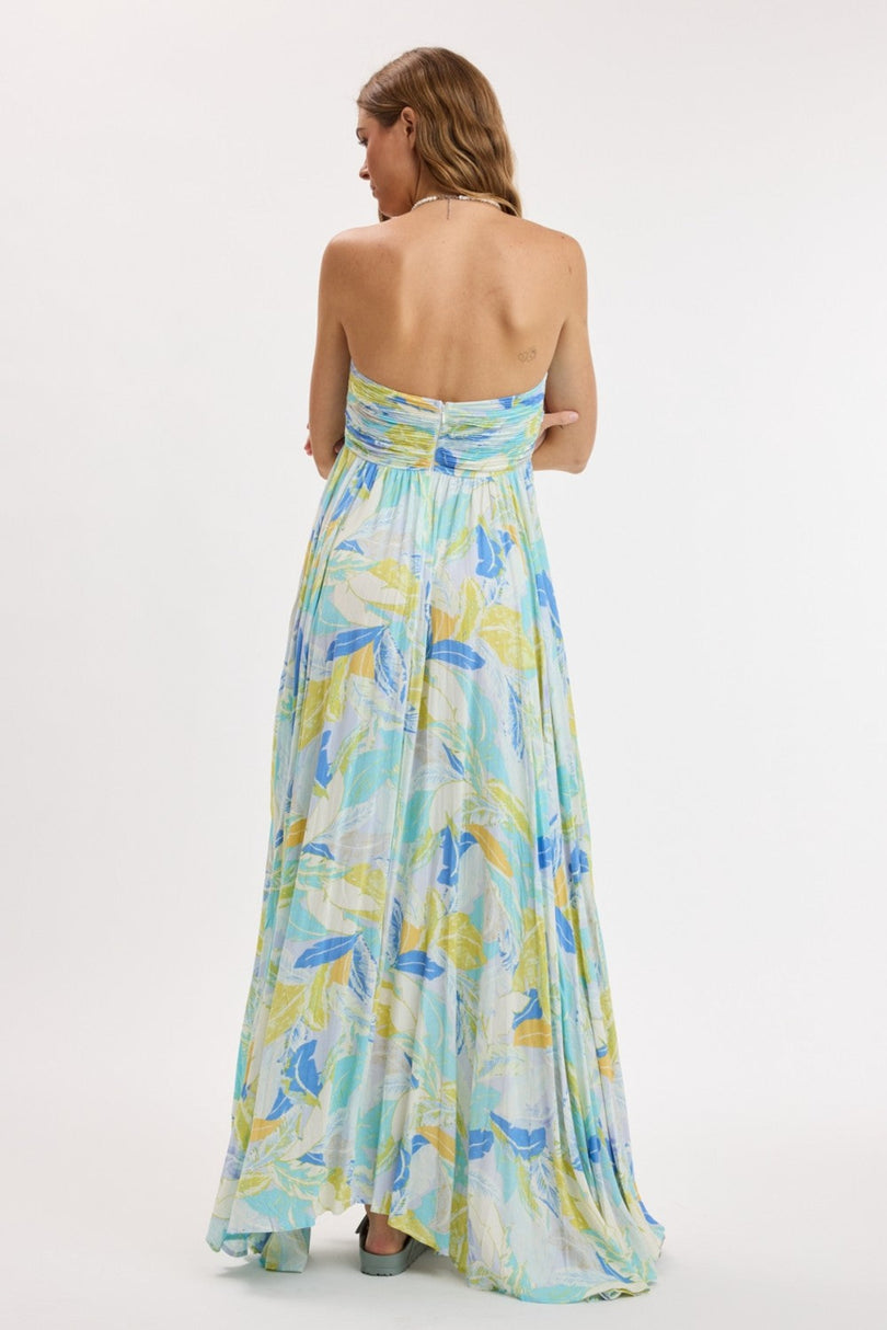 Willow blue multi tropical strapless maxi dress back view