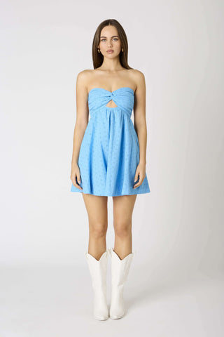 Blue eyelet strapless mini dress: Vacation or Graduation Dresses Collection