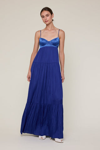 Blue satin tiered maxi prom dress with corset bodice and flowy skirt