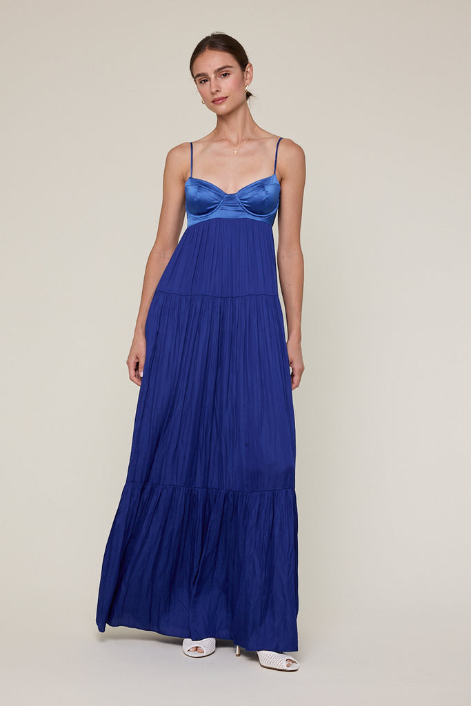 Blaire Blue Satin Tiered Maxi Dress - Front View