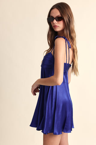 Serena Blue Satin Babydoll Mini Dress - Satin Mini Dress Blue