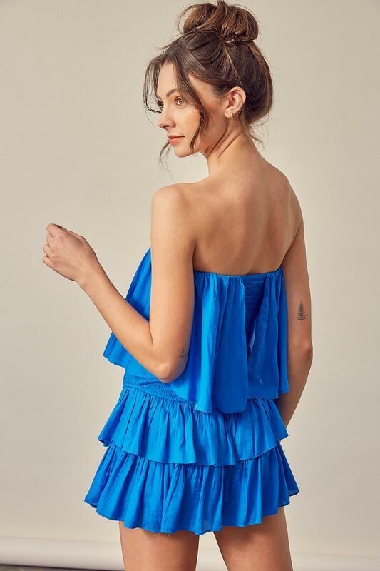 Blue Strapless Boho Romper