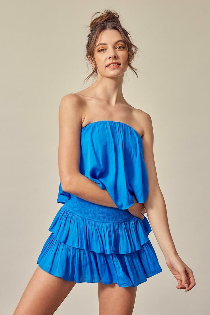 Blue Strapless Ruffle Romper