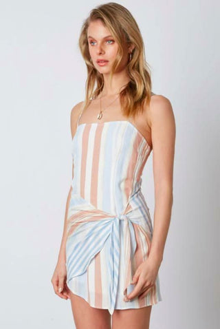 Blue striped tie waist mini dress side view