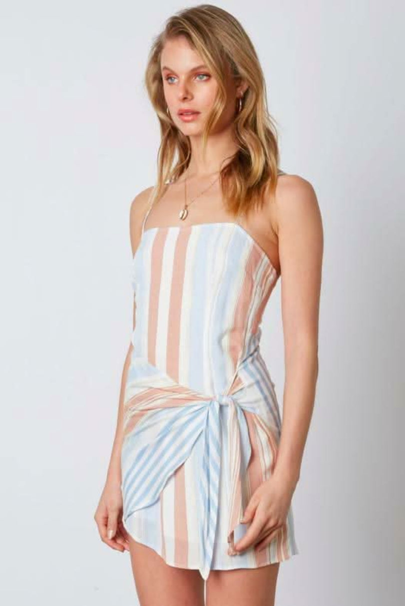 Blue striped tie waist mini dress side view
