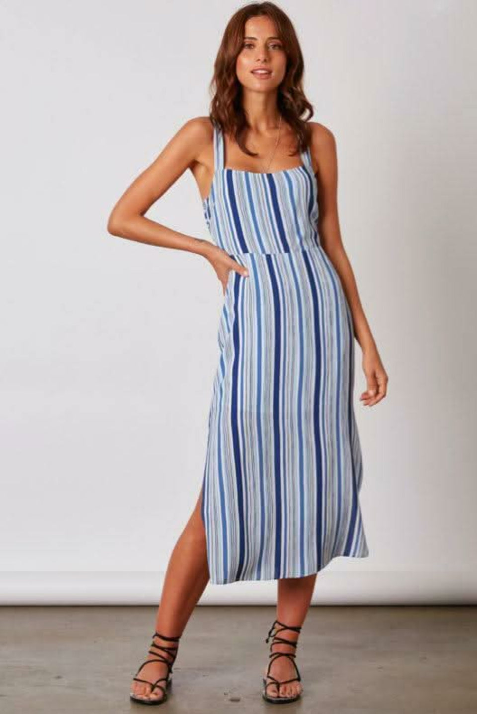 blue striped wide strap midi dress front view