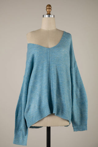 Blue Oversized V-Neck Sweater For Women - Front View