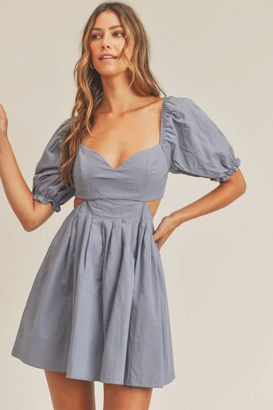 Mable Breaking Hearts Dusty Blue Puff Sleeve Mini Dress - Size L - Sweetheart Neckline, Cutout Waist, Lace-Up Back Mable Breaking Hearts Dusty Blue Puff Sleeve Mini Dress - Size L - Sweetheart Neckline, Cutout Waist, Lace-Up Back