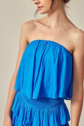 Close-up view of Monaco Paradise Blue Strapless Romper