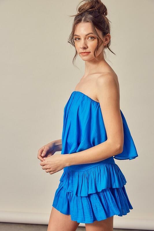Blue Strapless Romper Dress