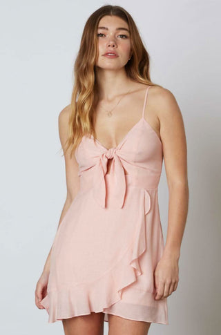 Tessa Blush Tie-Front Mini Dress - Cami Ruffle Dress - Front View