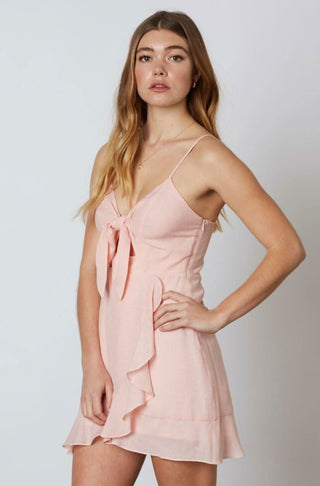 Tessa Blush Tie-Front Mini Dress - Wrap Dress - Side Angle View