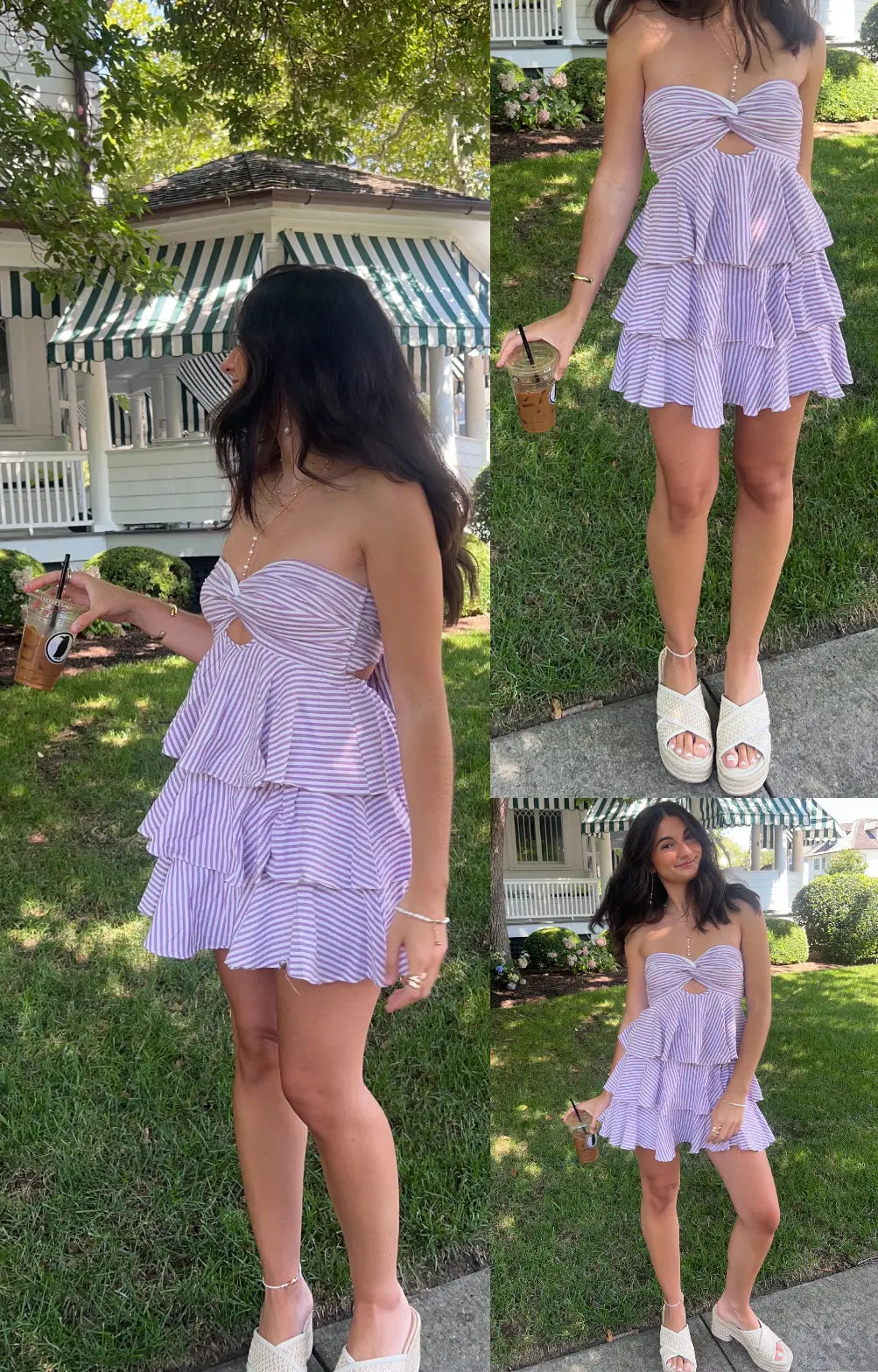 A woman modeling a lavender and white striped tiered ruffle mini dress in an outdoor setting with a white house and green lawn in the background.