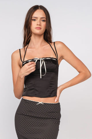 Holly Black Satin Ribbon Bow Top - Front View