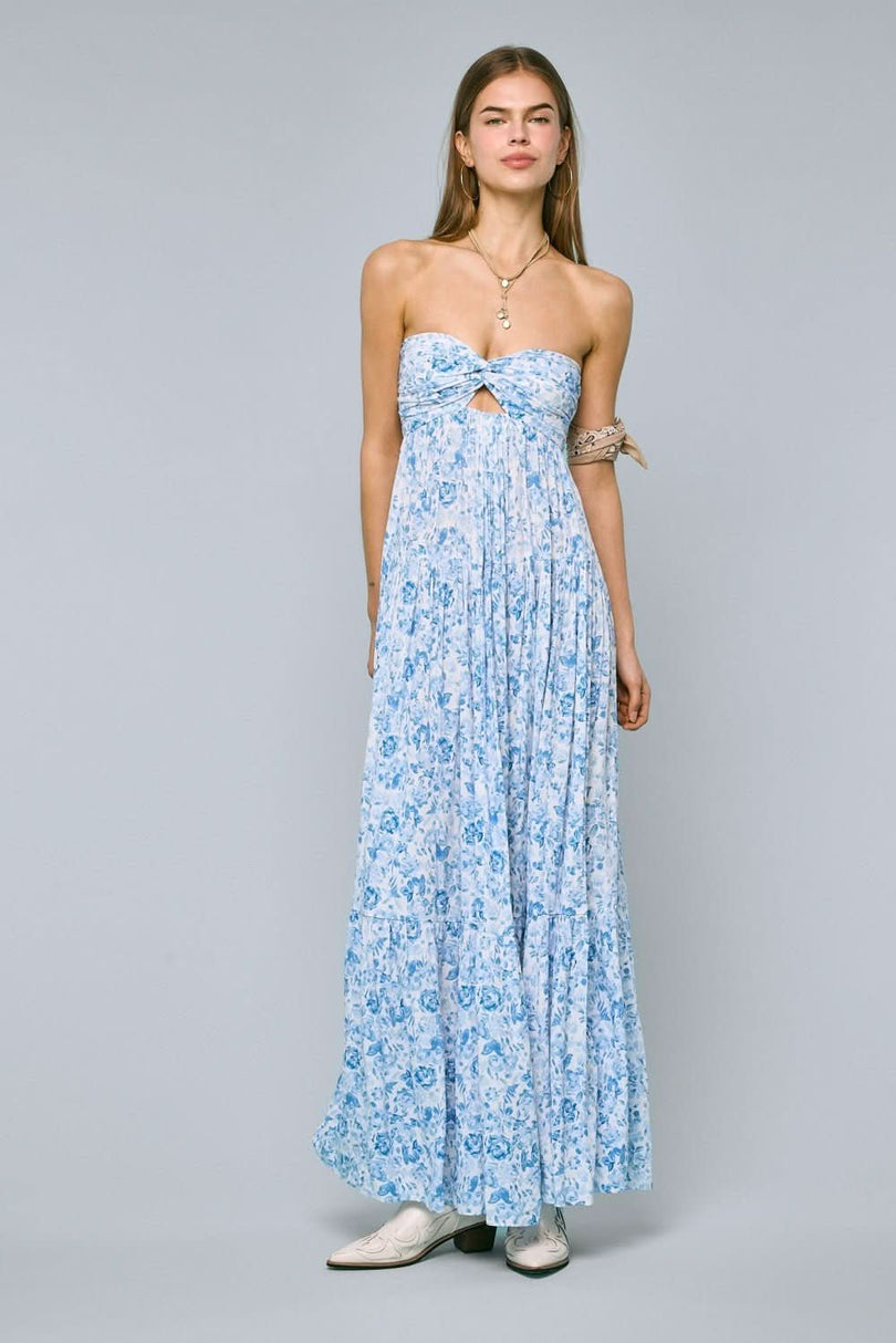 Blue Floral Strapless Maxi Dress - Summer Maxi Dresses