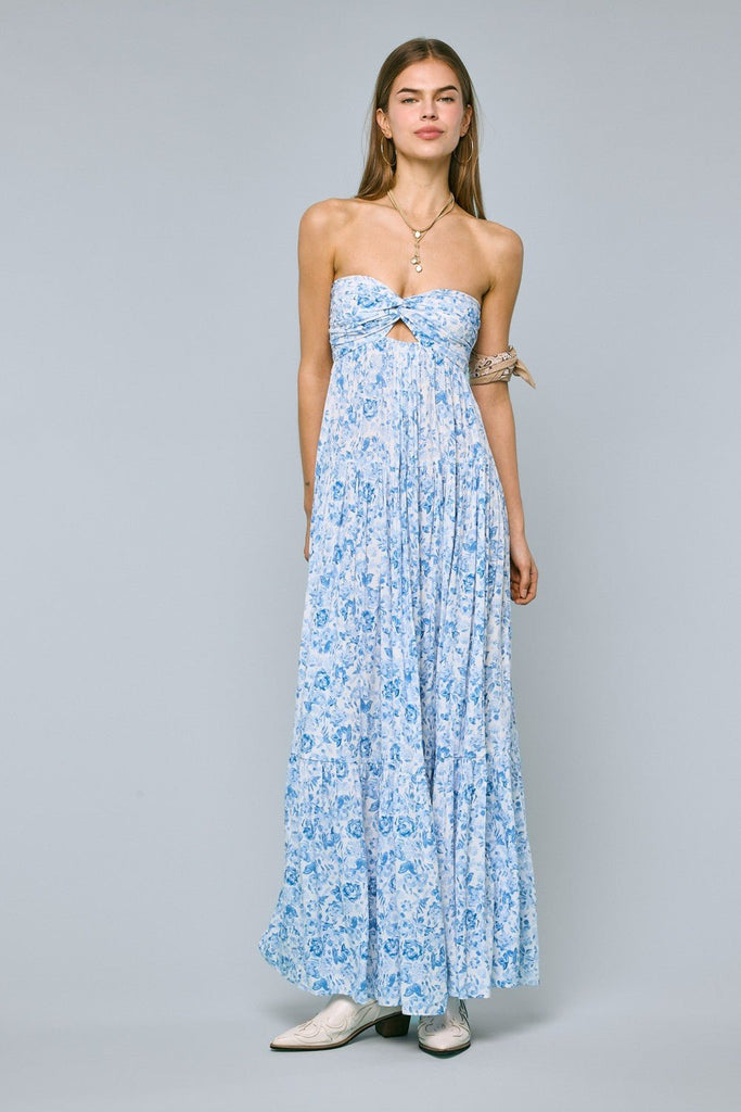 Blue Floral Strapless Maxi Dress