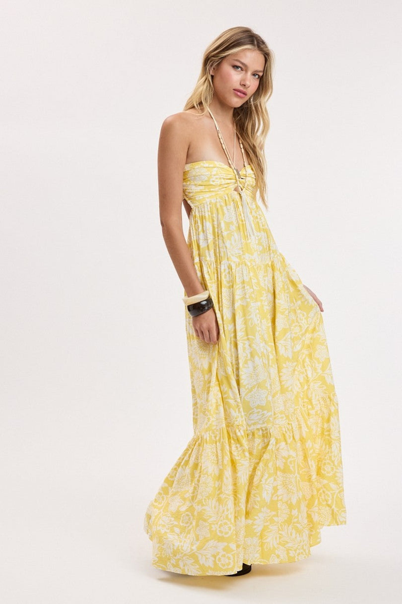 yellow tropical floral strapless maxi angle view