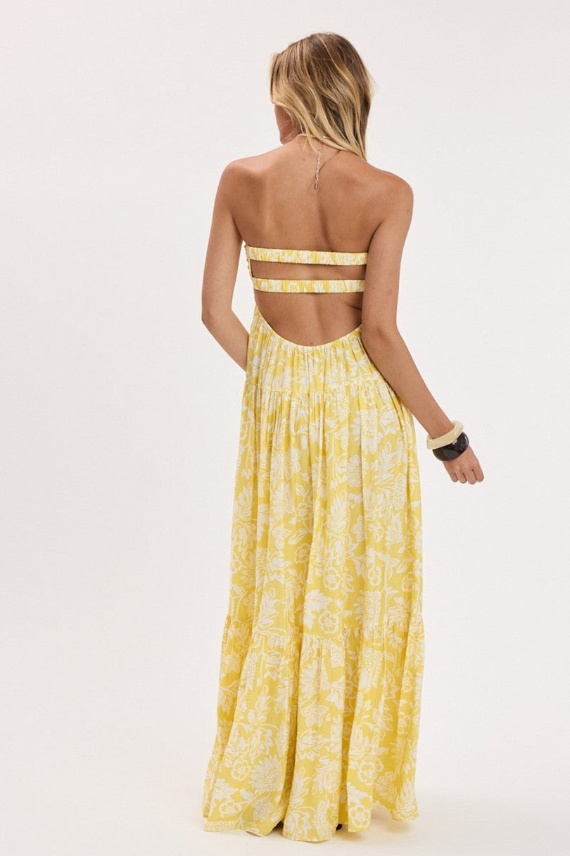 yellow tropical floral strapless maxi back view
